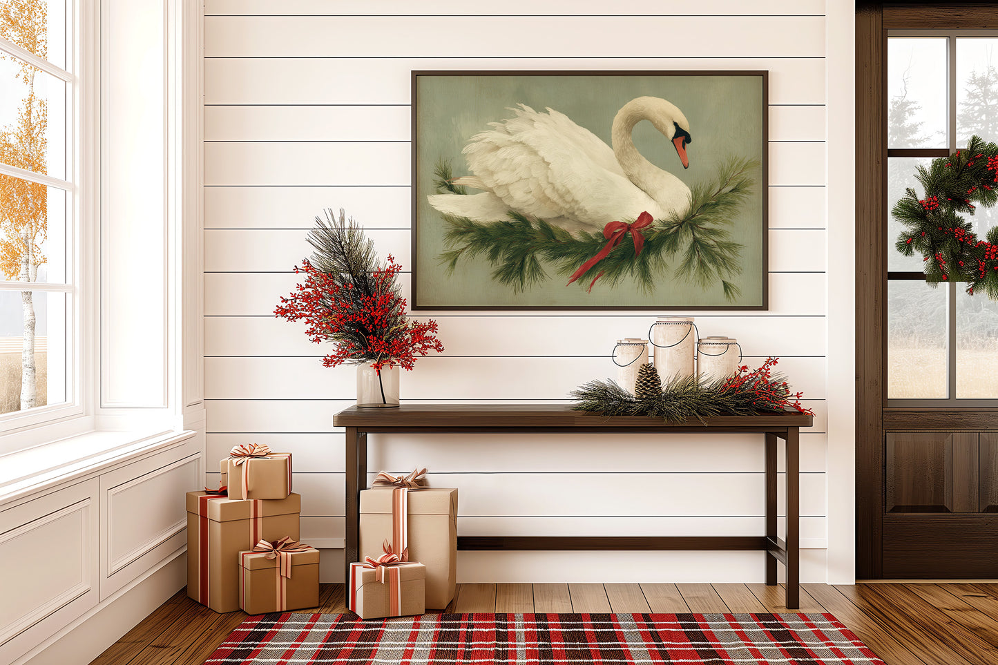 Winter Swan Among Pine Branches