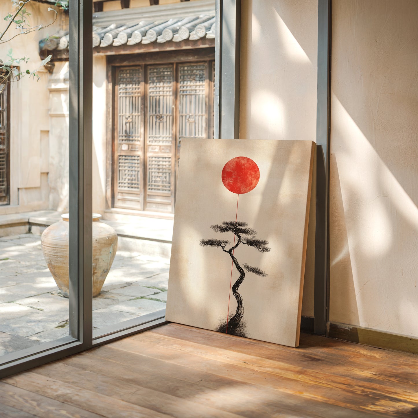 Minimalist Bonsai & Rising Sun – Japanese Zen-Inspired Wall Art