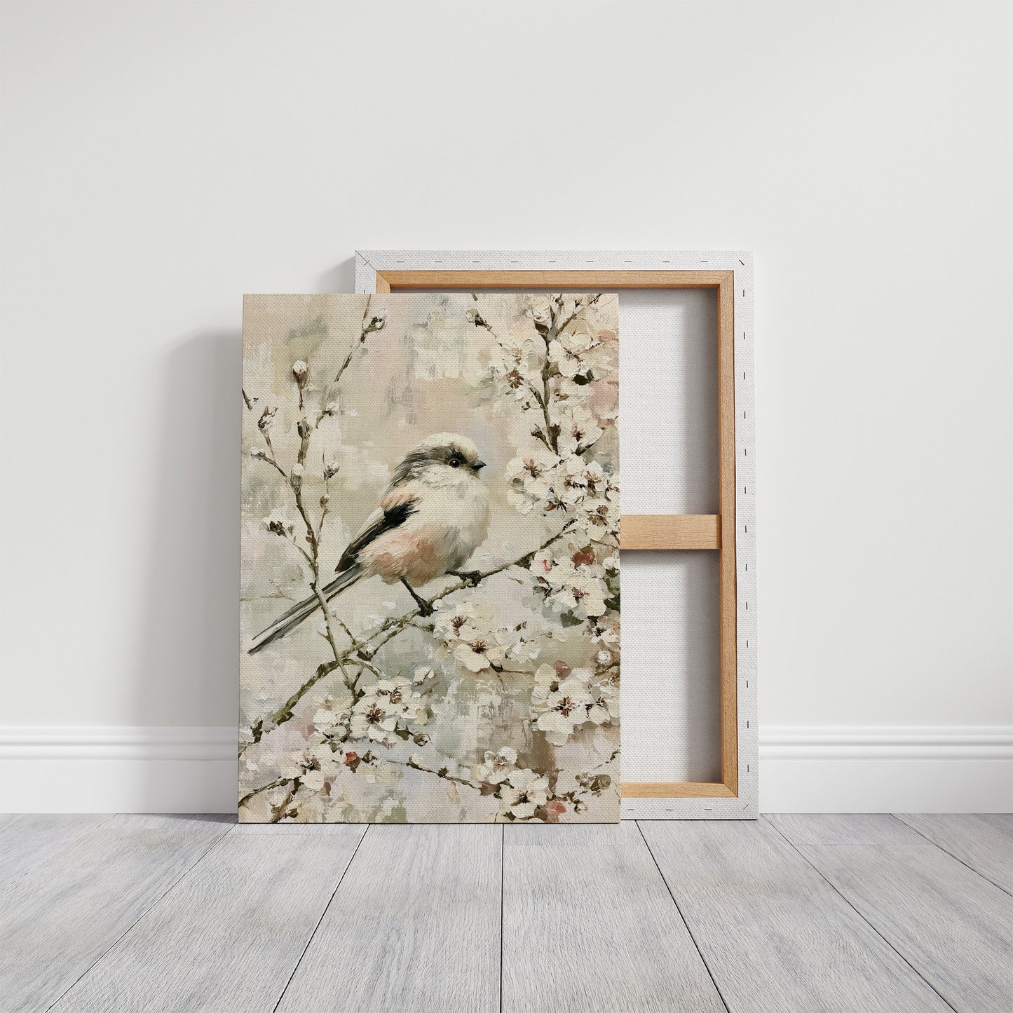 Long-Tailed Tit in Cherry Blossoms — Impasto Bird Painting