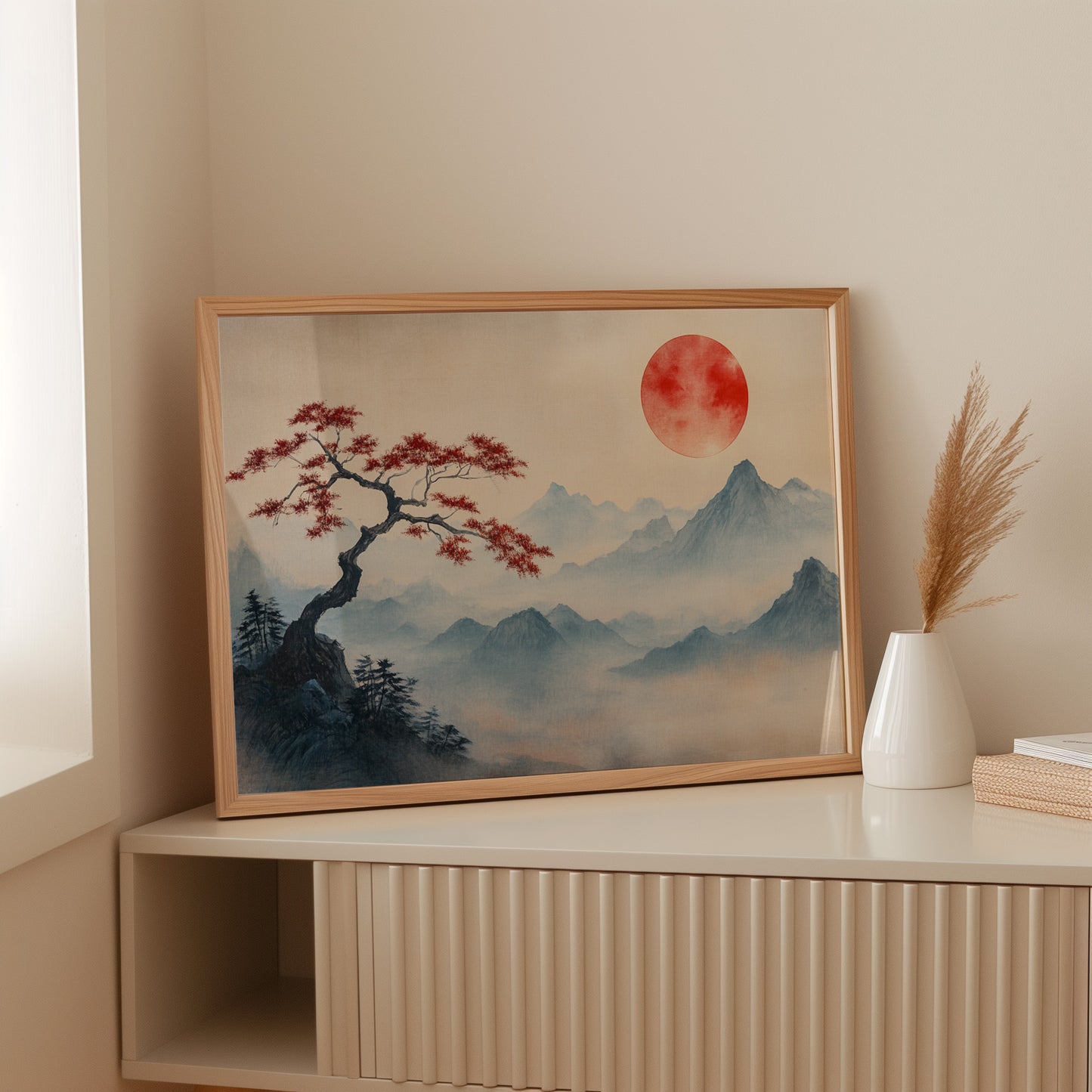 Japanese Landscape Wall Art – Red Sun and Bonsai Mountain Print