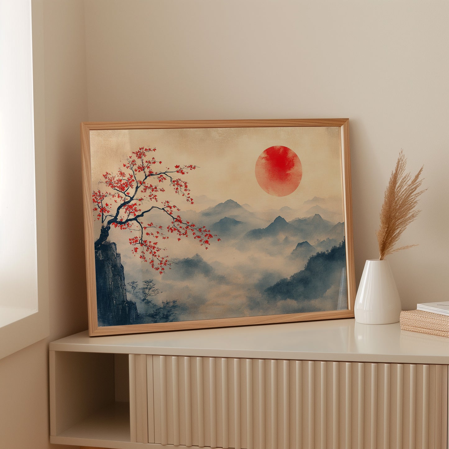 Japanese Red Sun & Misty Mountain Wall Art – Zen Ink Wash Landscape