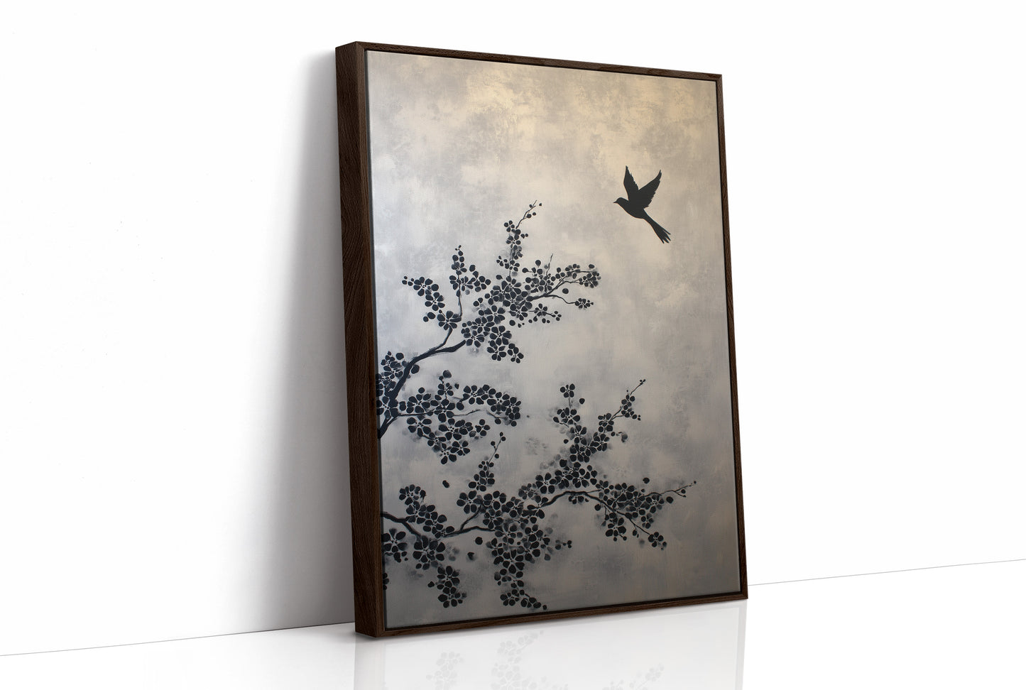 Bird Takes Flight Through Cherry Blooms