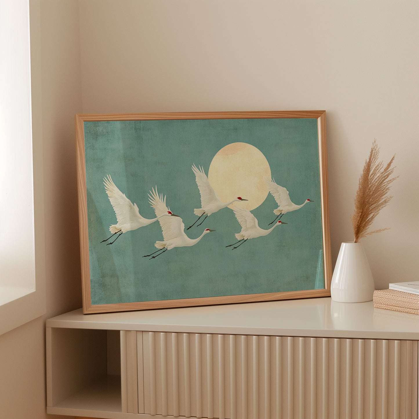Japanese Crane Wall Art – Minimalist Blue & Gold Crane Print