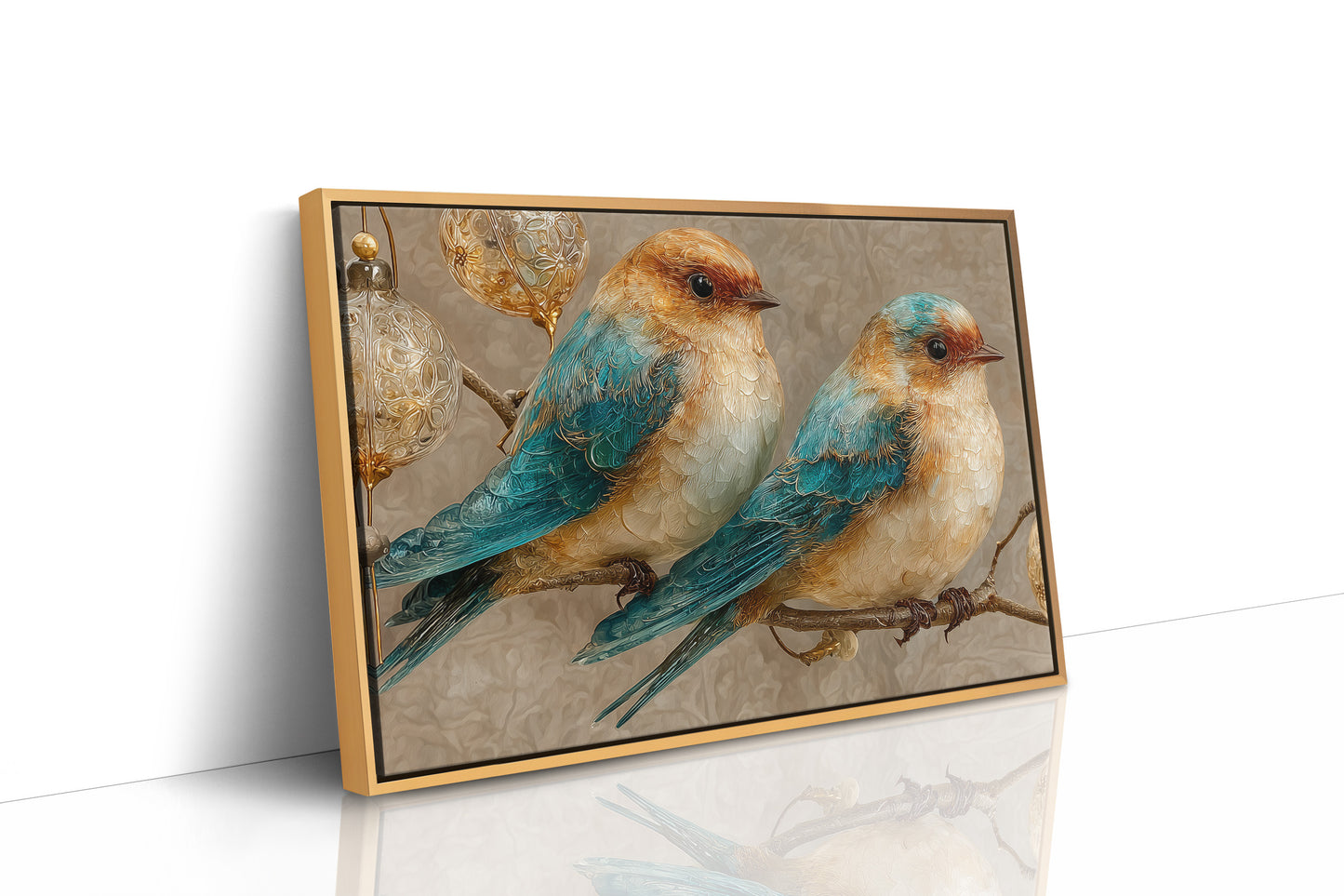 Two Bluebirds and Golden Filigree