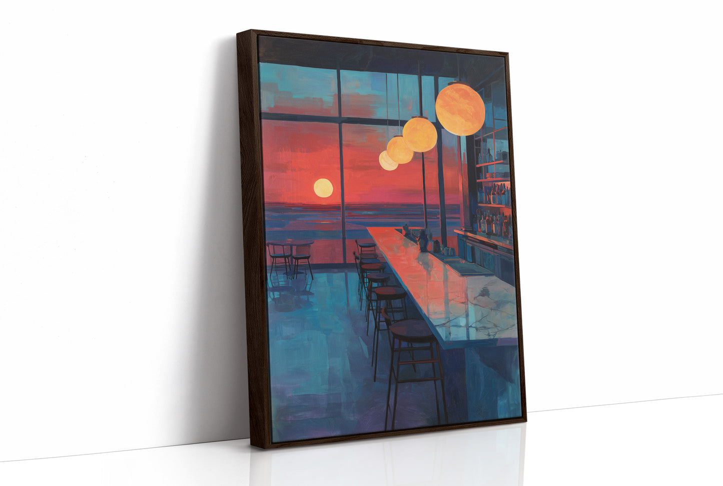 Lanterns Float Above Empty Barstools