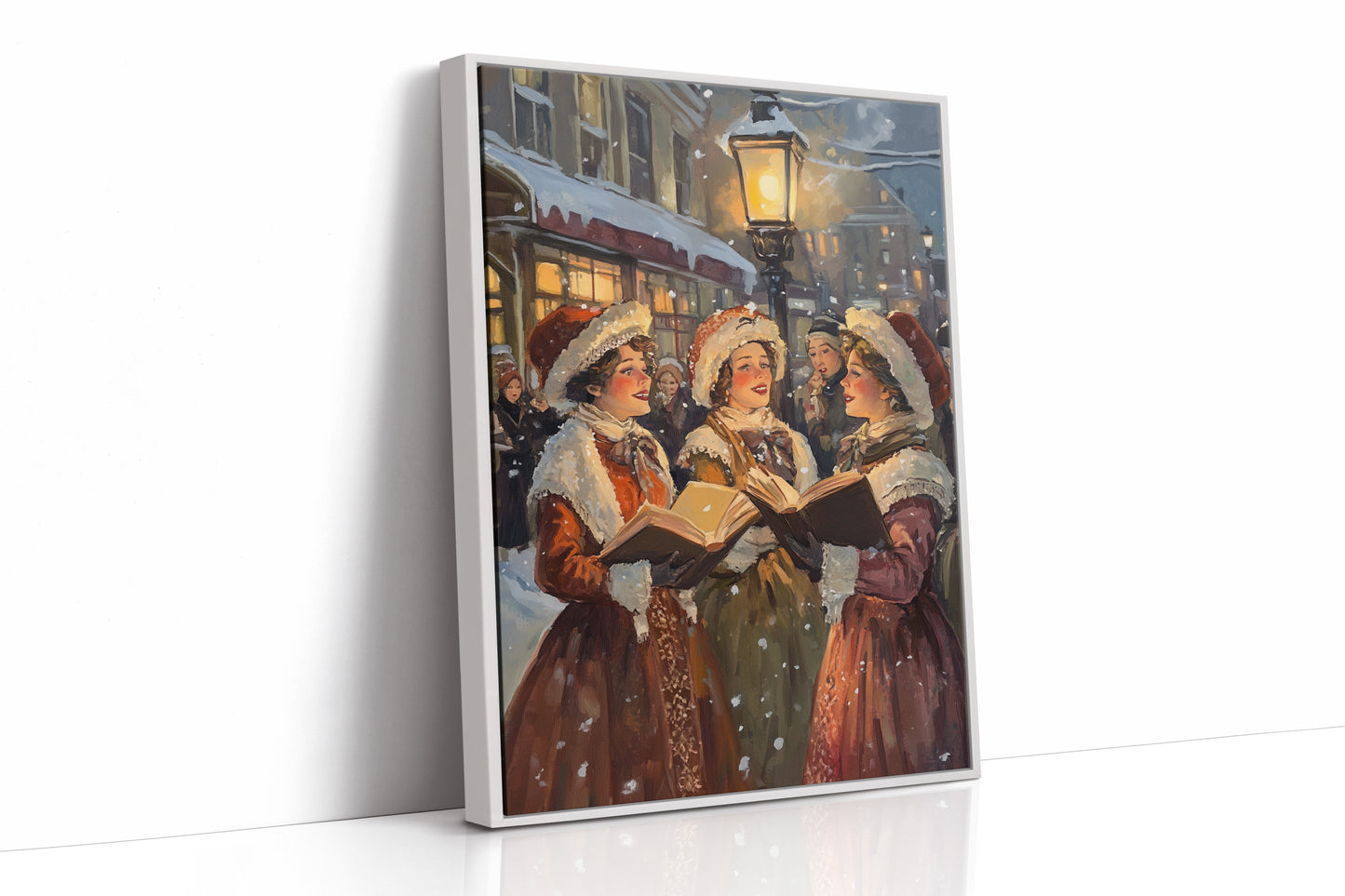 Vintage Carolers Christmas Print - Festive Holiday Art - White Framed Canvas image 1