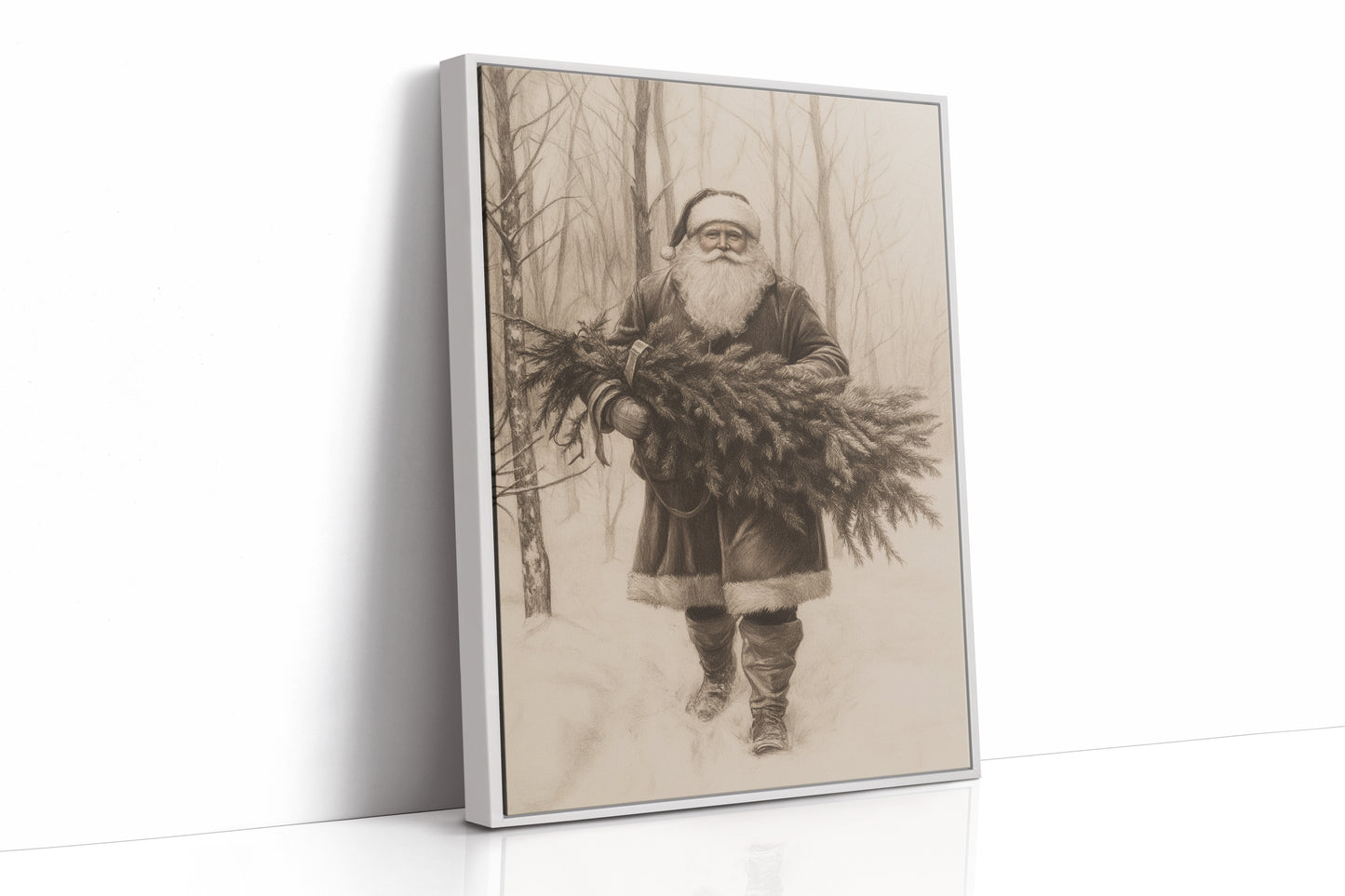 Vintage Santa Claus Drawing - Festive Holiday Art - White Framed Canvas image 1