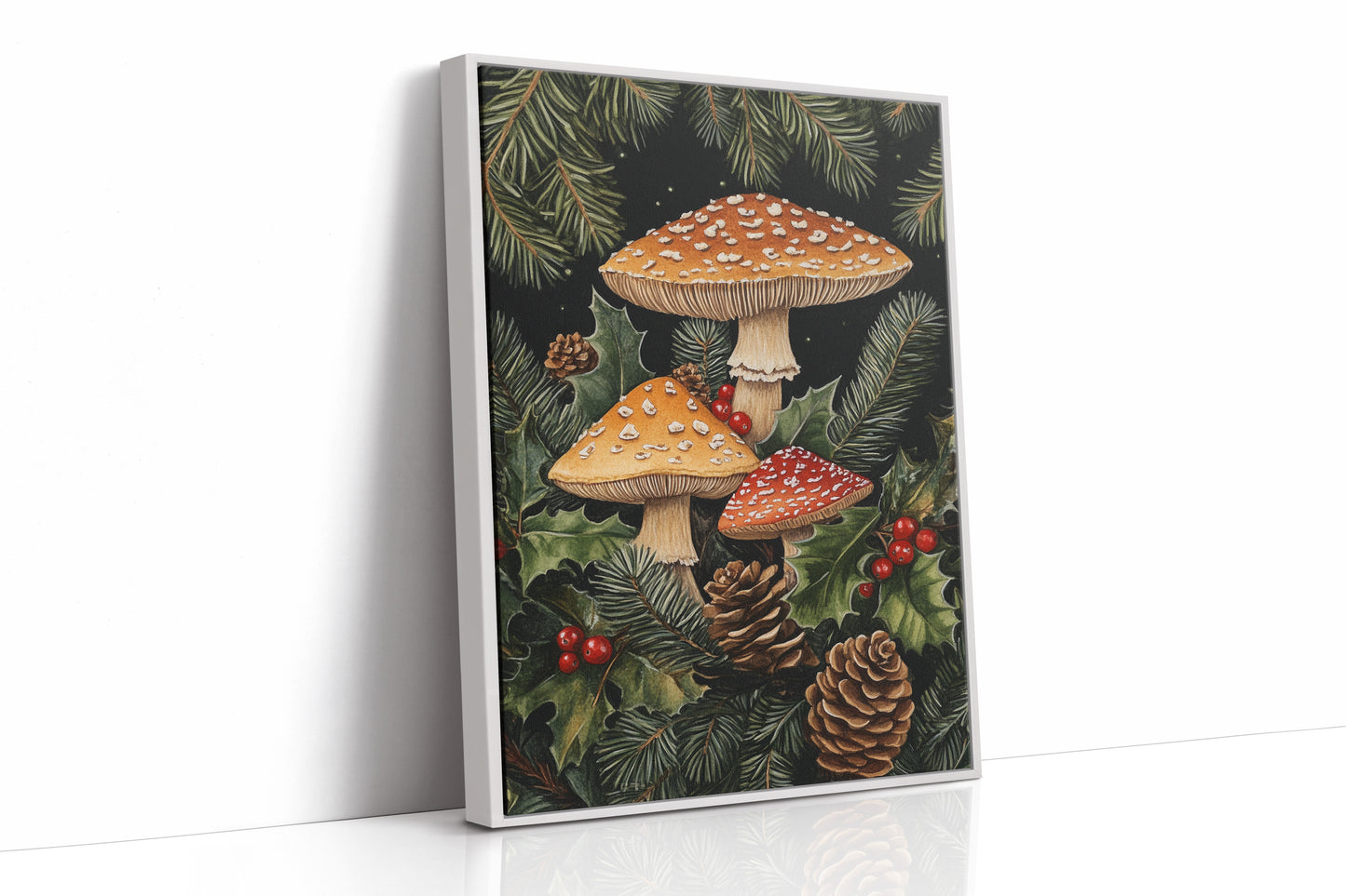 Enchanted Mushroom Forest Print - Woodland Holiday Decor - White Framed Canvas image 1