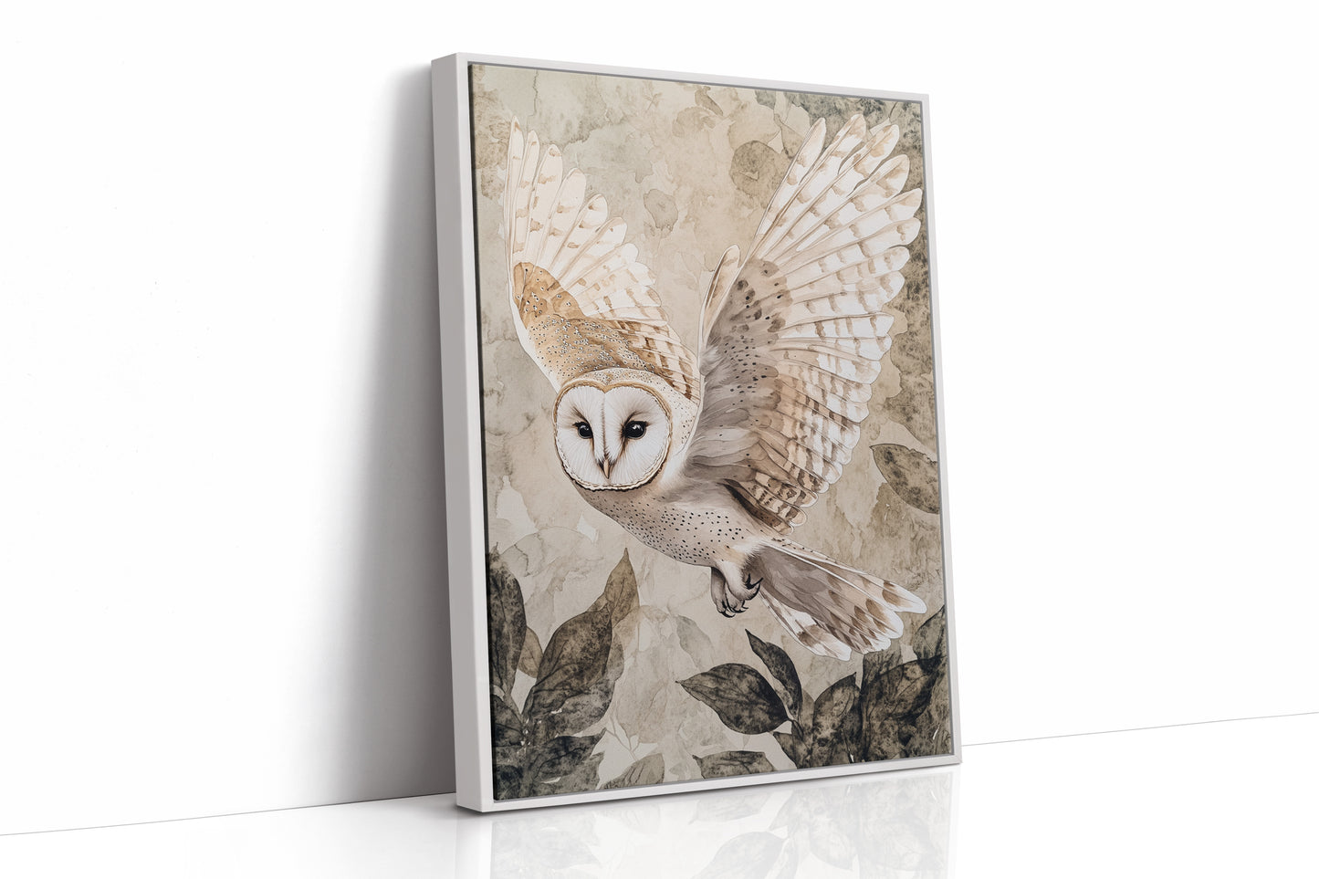 Barn Owl Watercolor Art Print - Nature Wildlife Decor - White Framed Canvas image 1
