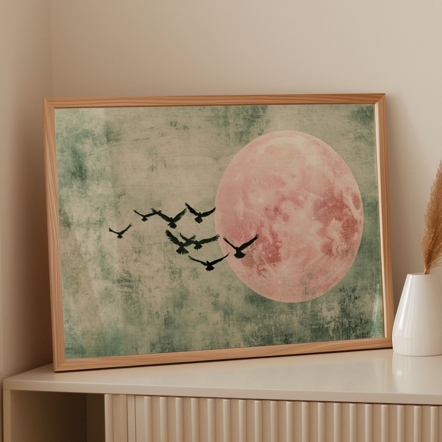 Pink Moon Wall Art – Minimalist Birds in Flight Print