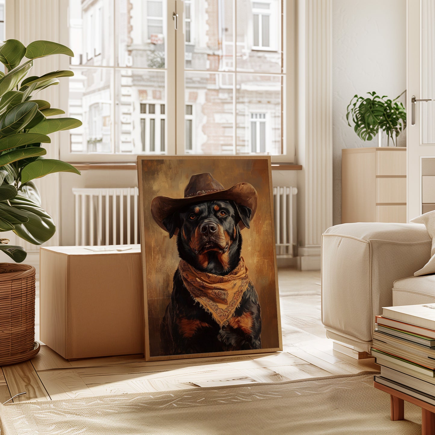 Western Cowboy Rottweiler Print – Rustic Wild West Dog Art