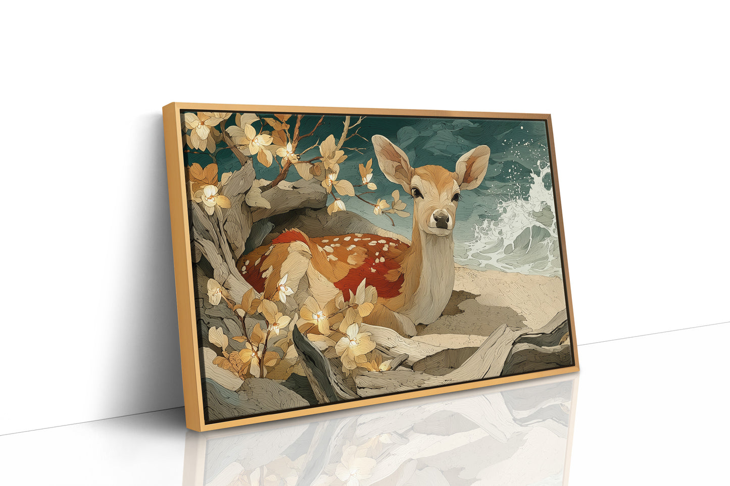 Fawn Resting by Driftwood Shore