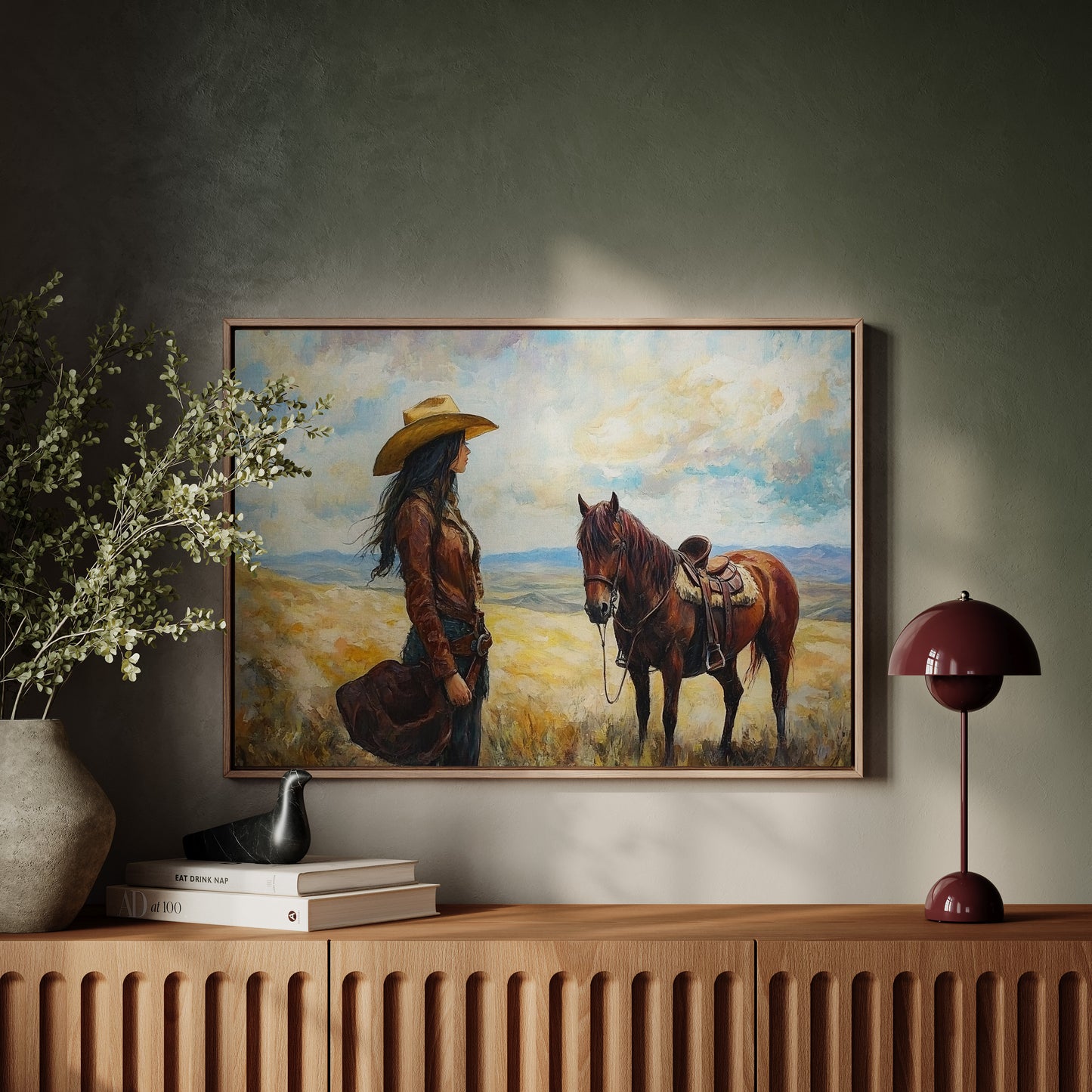 Cowgirl and Her Mustang on the Open Range