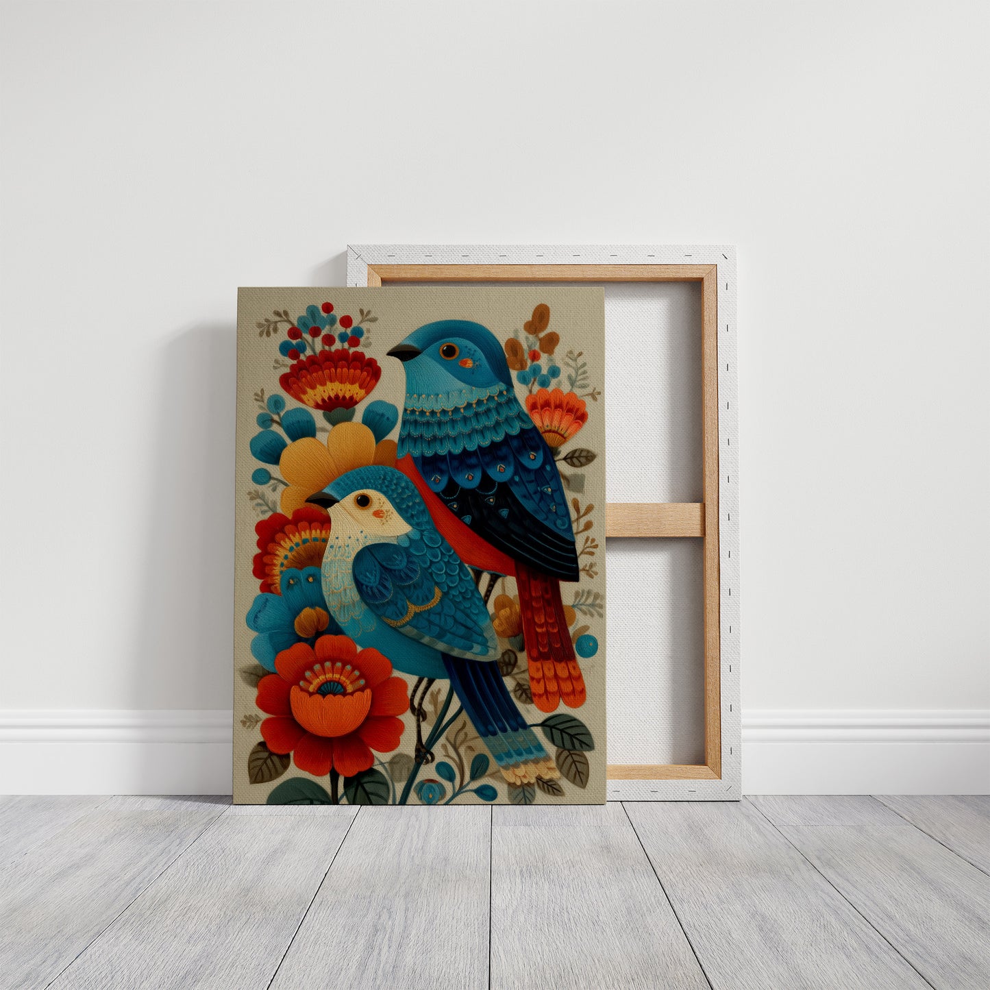 Blue Bird Sings Among Coral Blooms