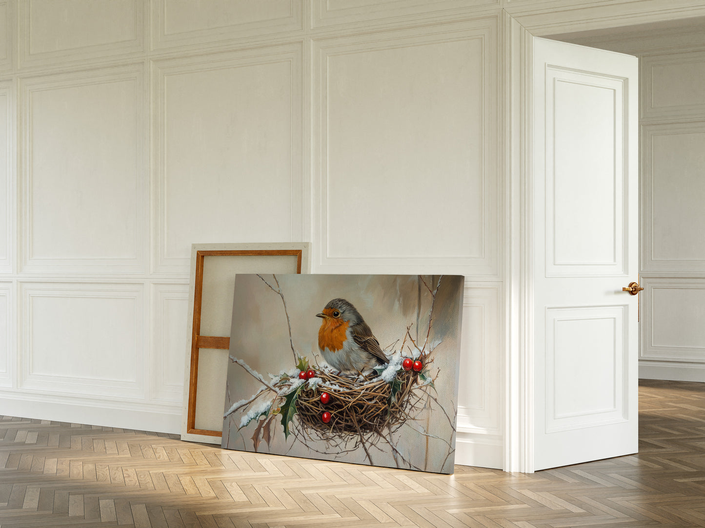 Winter Robin Perches Among Holly