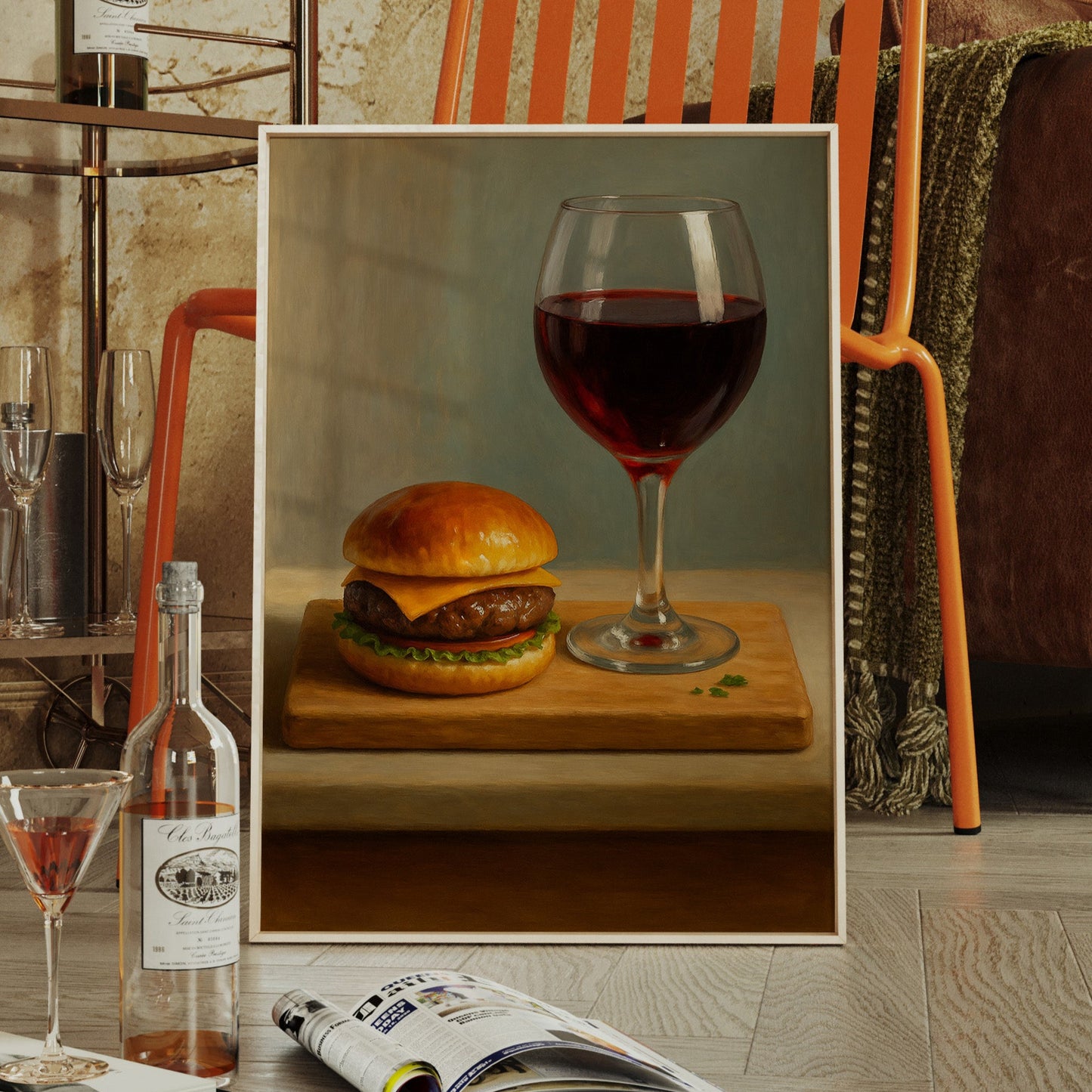 Burger and Bordeaux Still Life