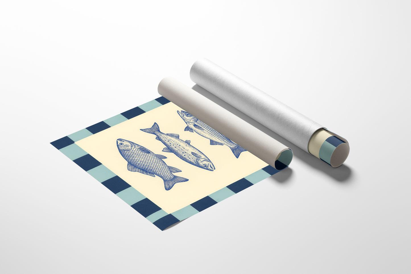 Vintage Fish Quartet on Checkerboard Blue