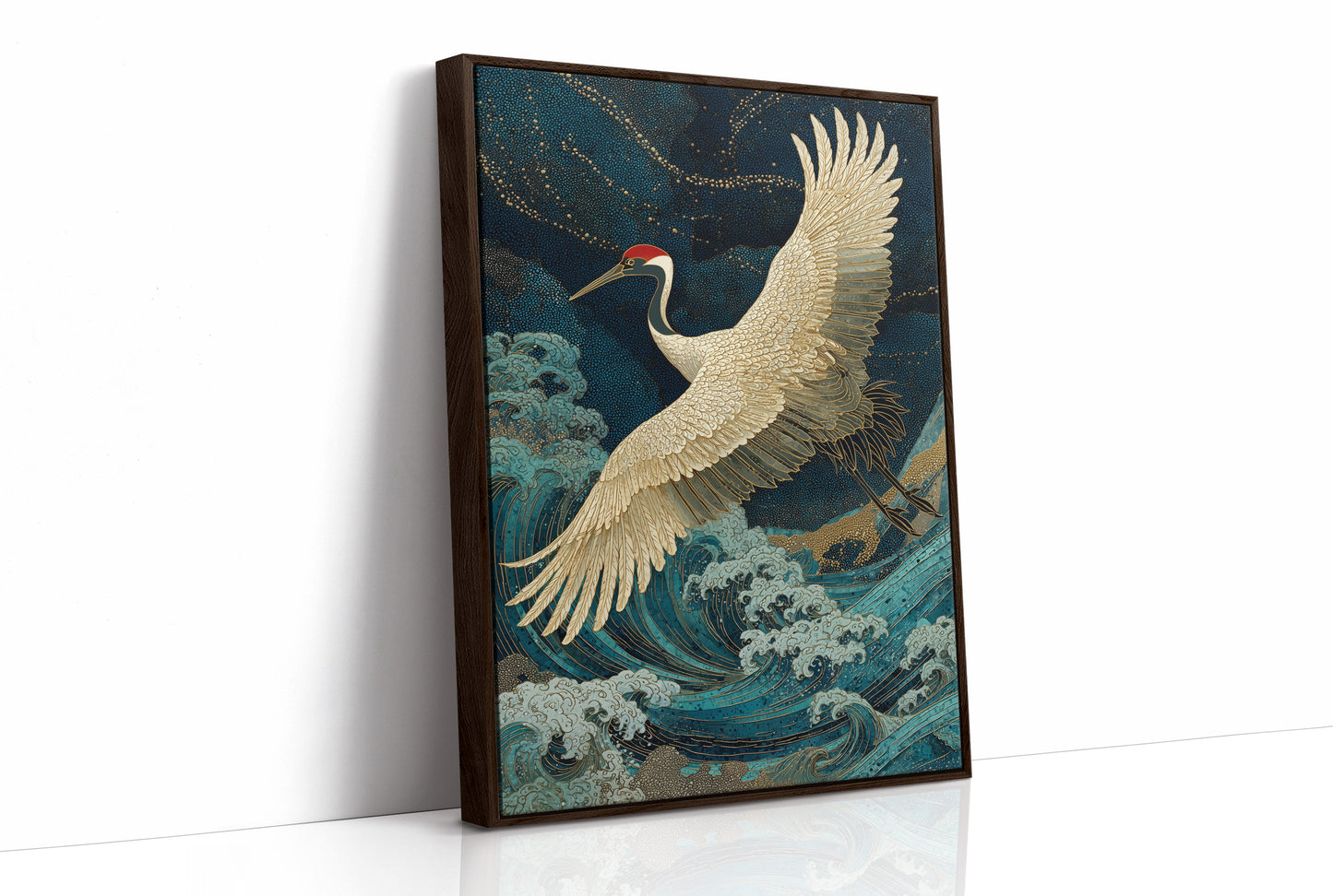 Crane Soars Through Starlit Waves