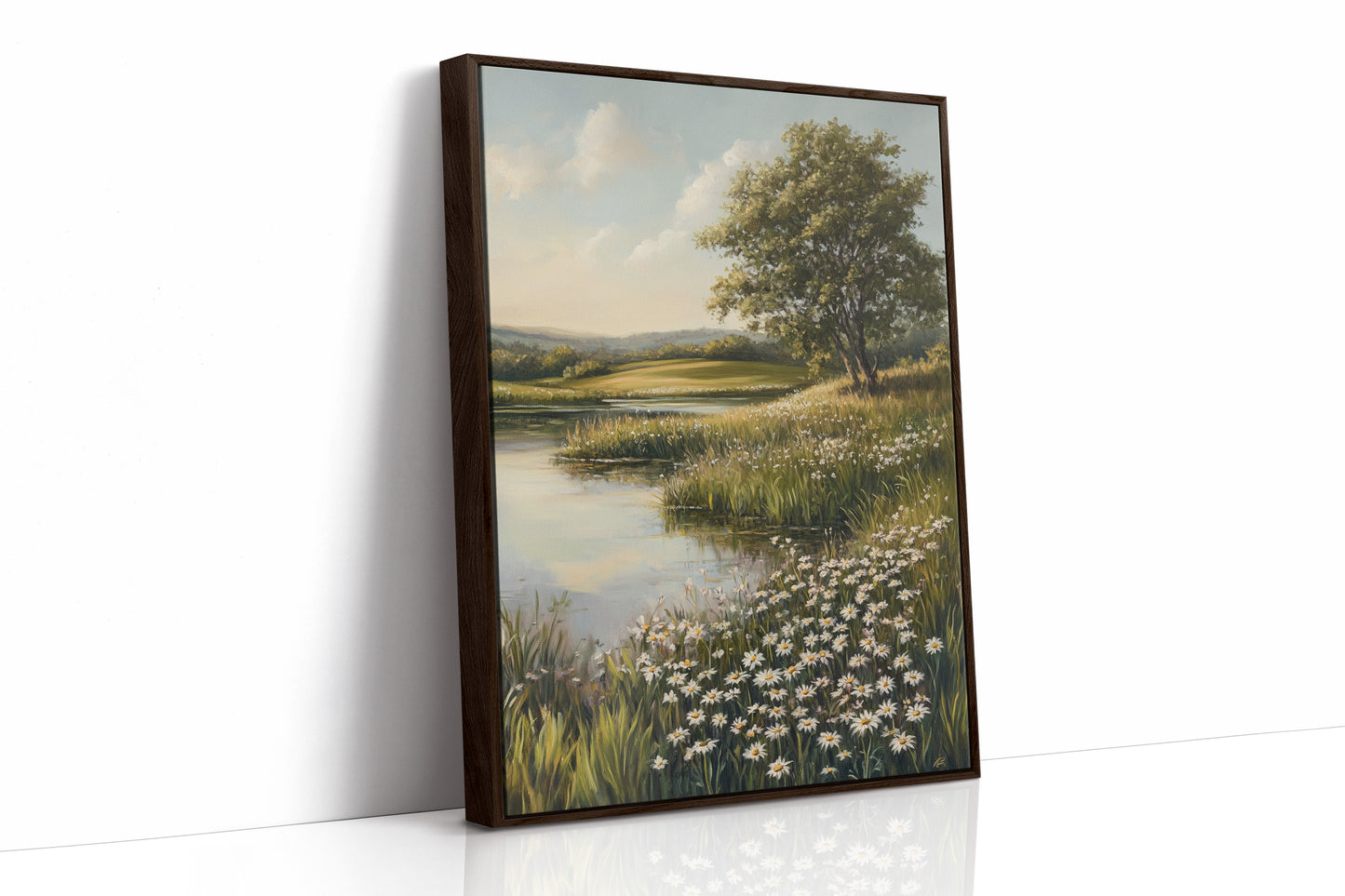 Tranquil Meadow Landscape Painting - Serene Nature Art - Brown Framed Canvas image 1