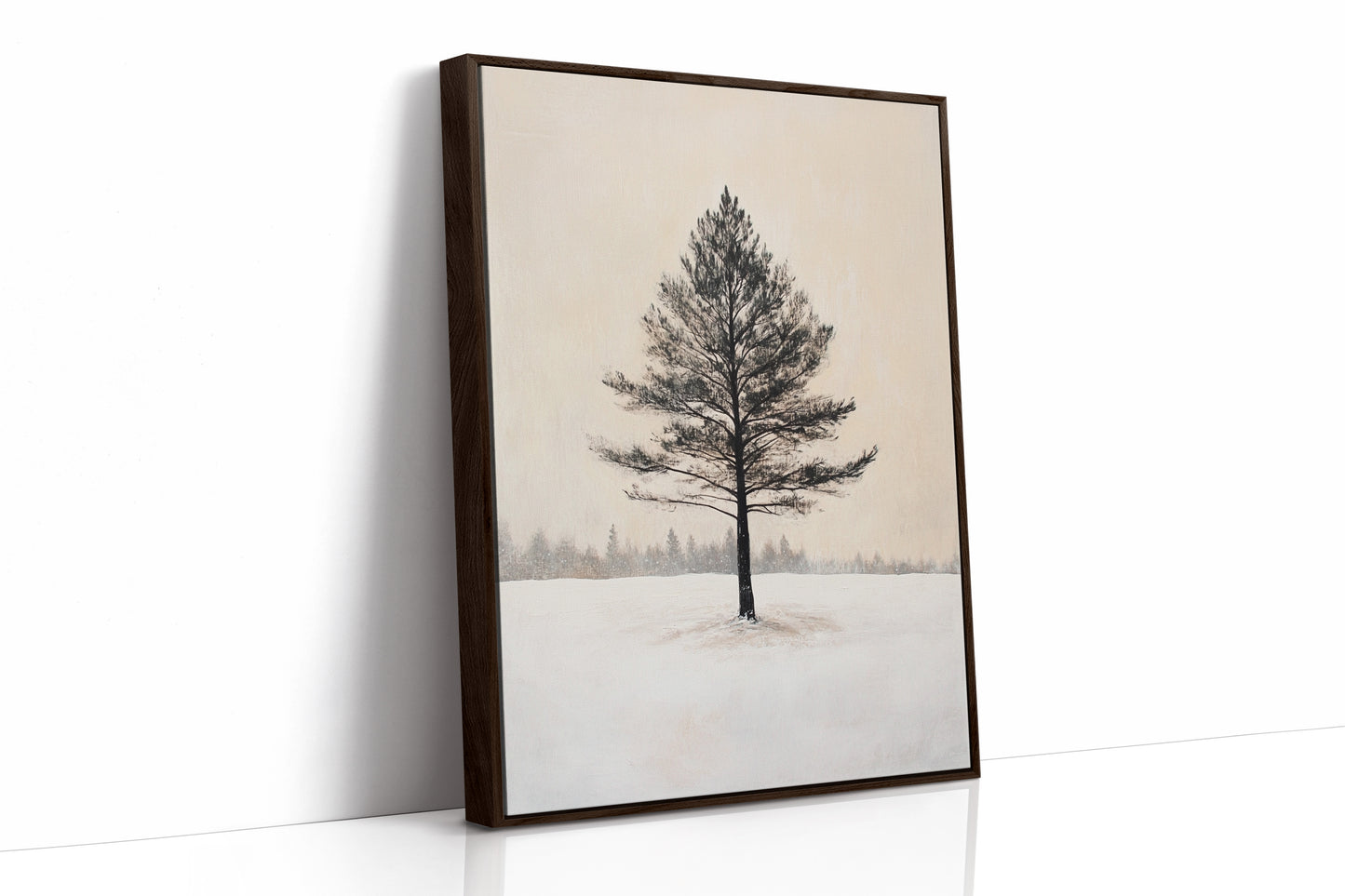 Solitary Pine Winter Canvas - Minimalist Nature Art - Brown Framed Canvas image 1
