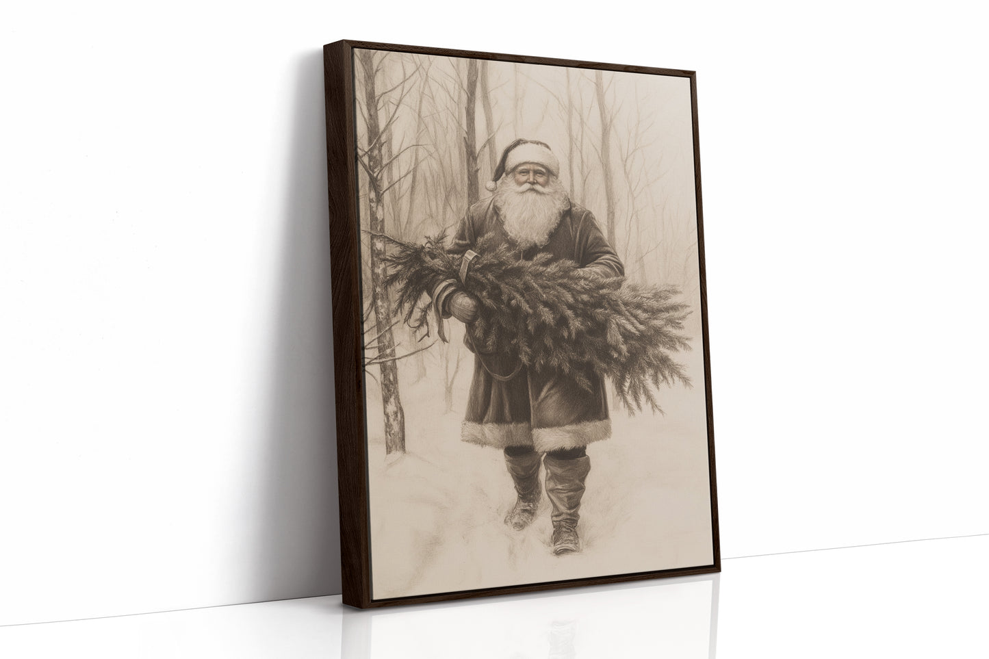 Vintage Santa Claus Drawing - Festive Holiday Art - Brown Framed Canvas image 1