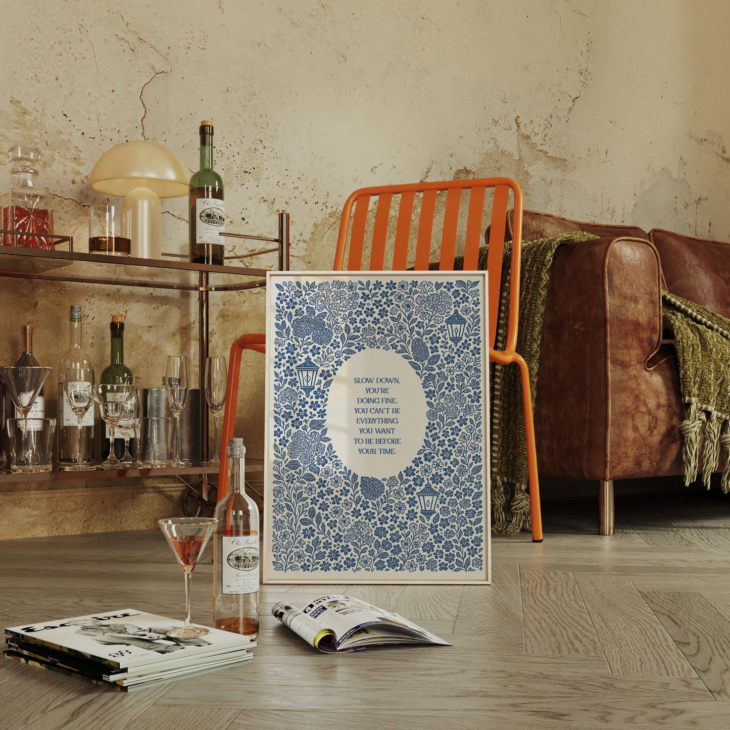 Blue Floral Lantern Quote Print – Slow Down, You’re Doing Fine