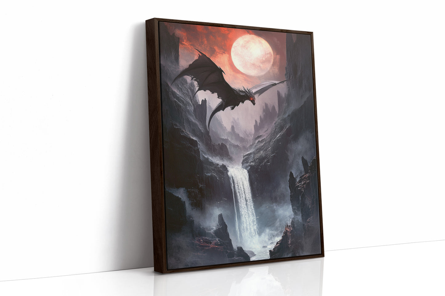 Dragon Over Moonlit Canyon - Fantasy Wall Art - Brown Framed Canvas image 1