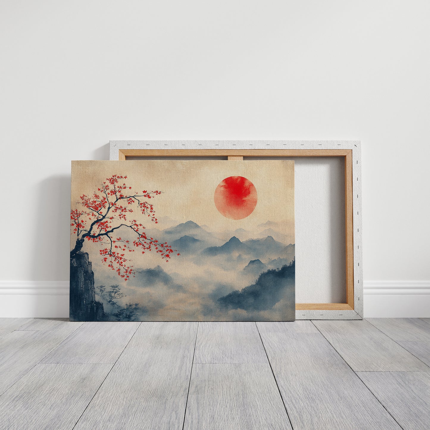 Japanese Red Sun & Misty Mountain Wall Art – Zen Ink Wash Landscape