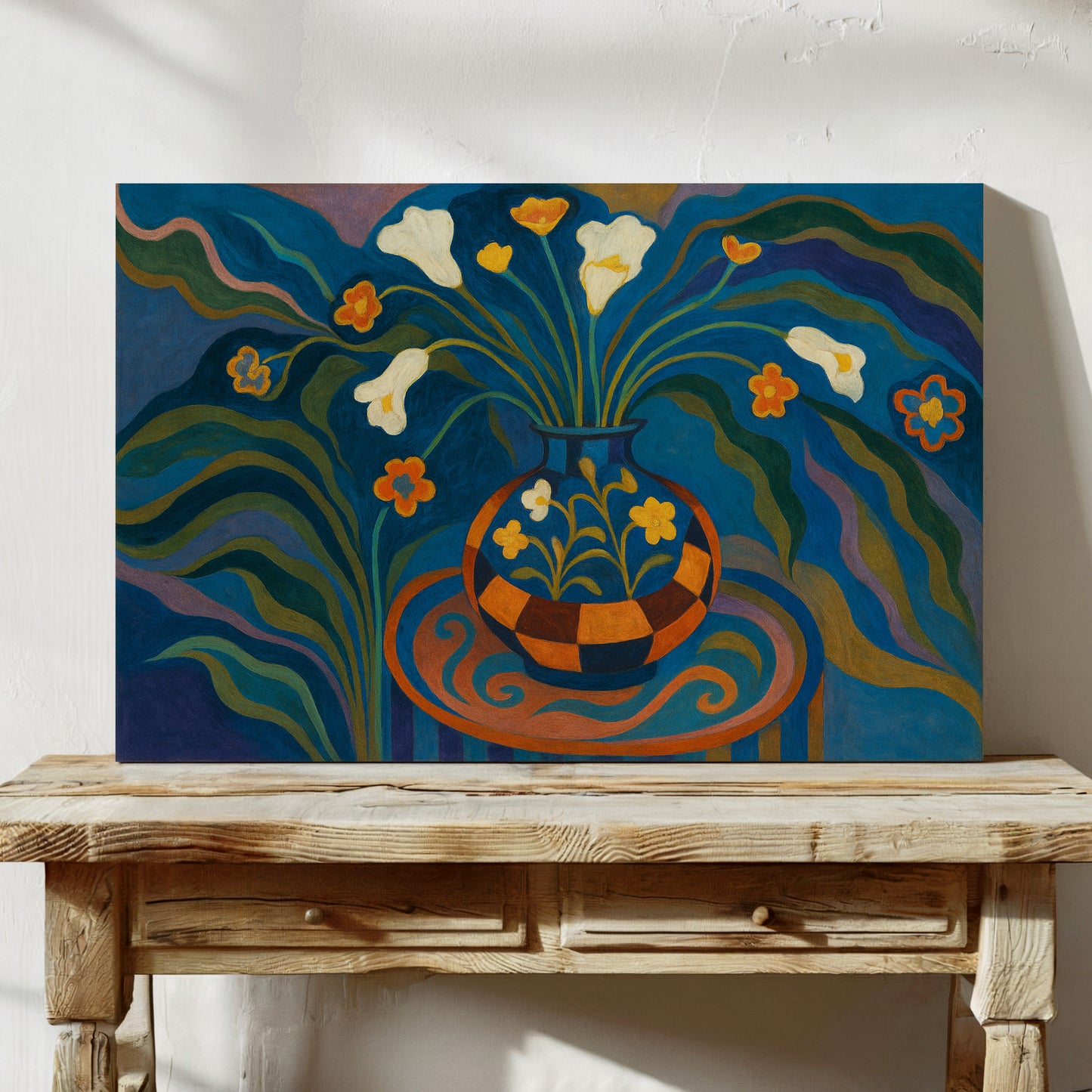 Moonlit Blooms in a Checkered Vase