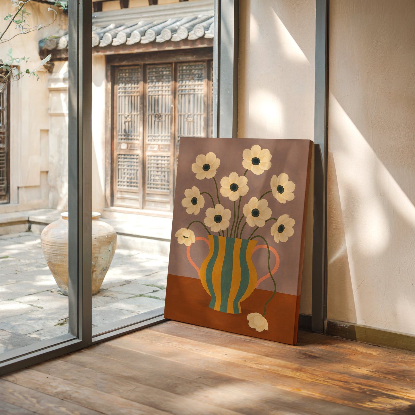 Falling Bloom in a Striped Vase