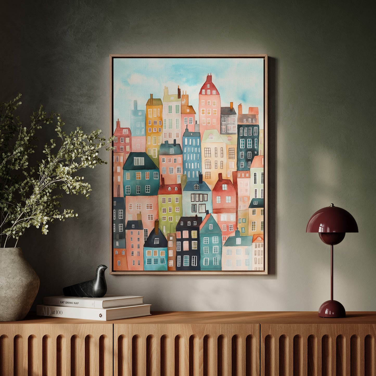 Colorful City Rowhouses Watercolor Print