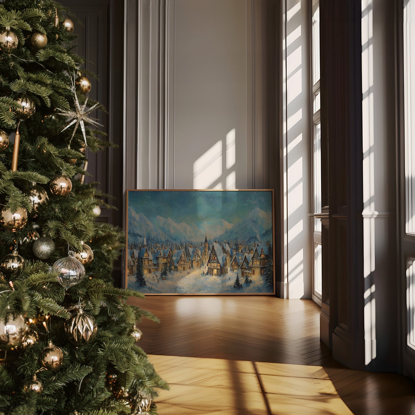 Winter Village Glows Under Mountain Stars