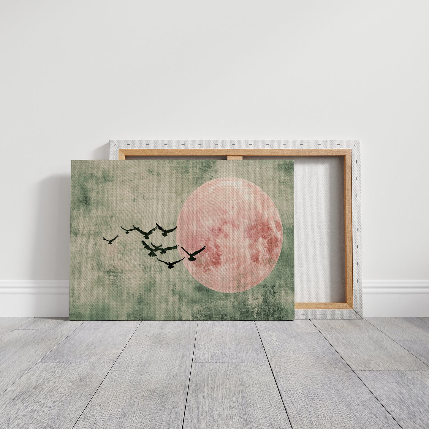Pink Moon Wall Art – Minimalist Birds in Flight Print
