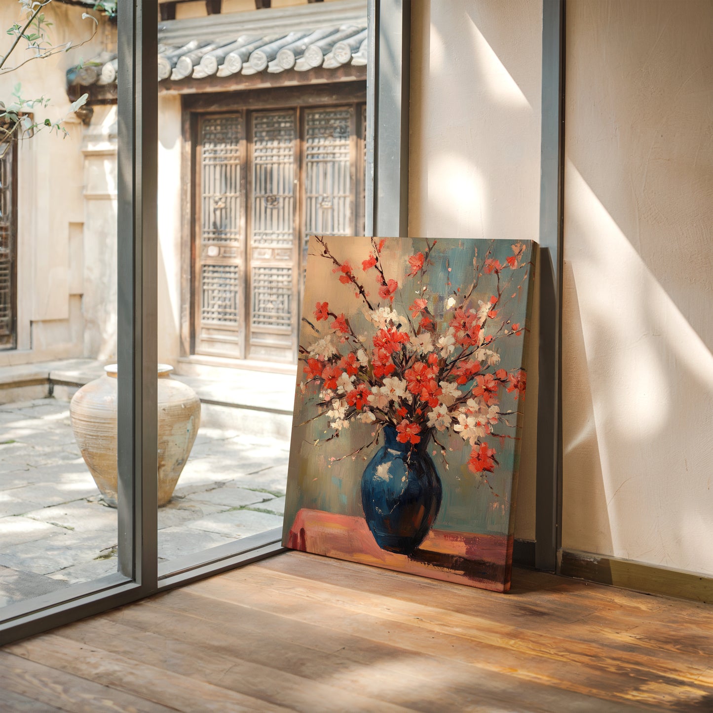 Cherry Blossom Oil Painting – Impressionist Floral Vase Wall Art