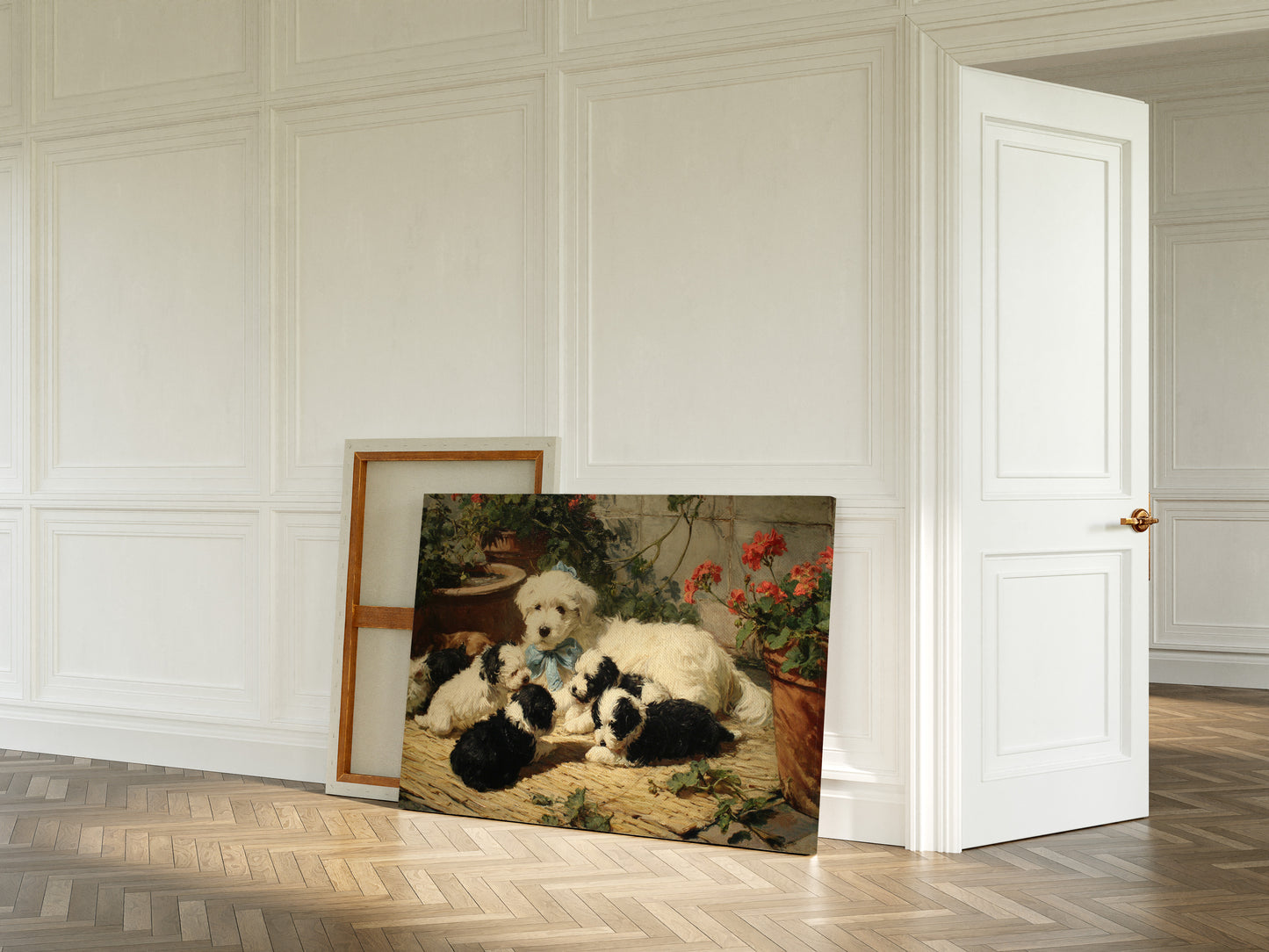 Puppies Rest Among Garden Geraniums