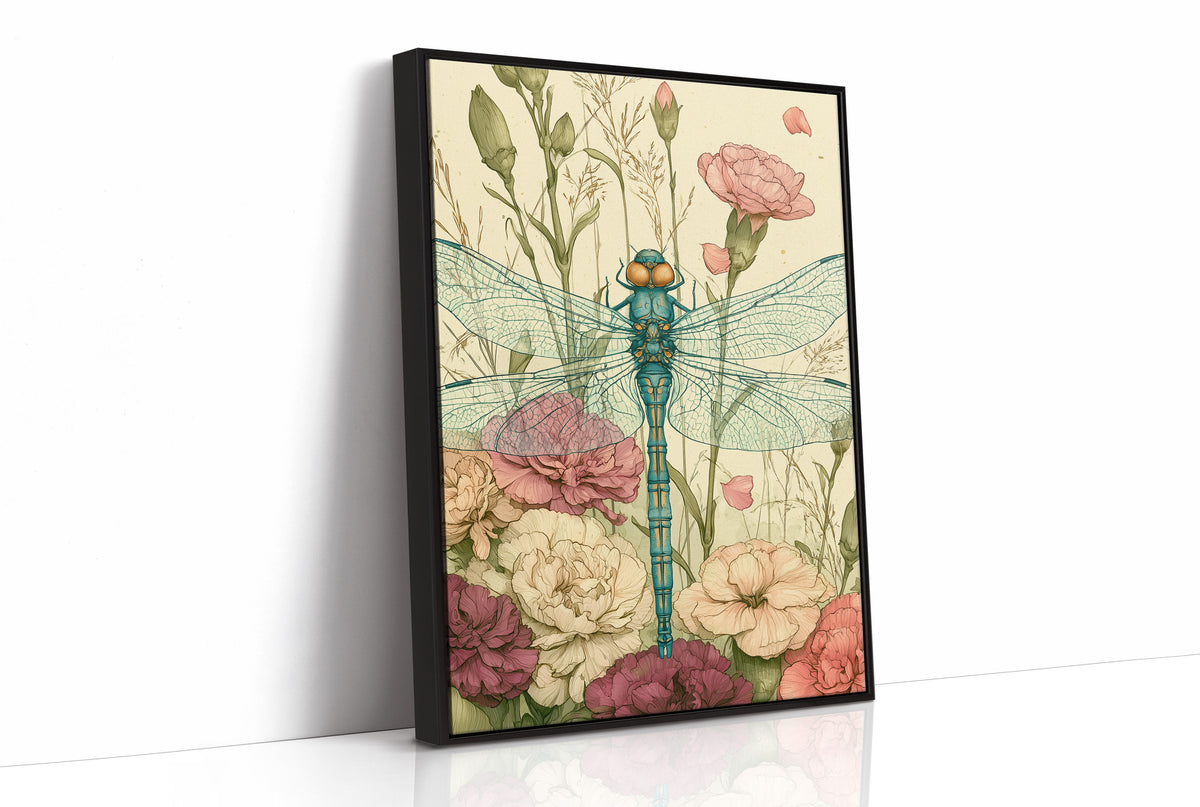 Dragonfly Among Carnations — Garden Bed Botanical Print