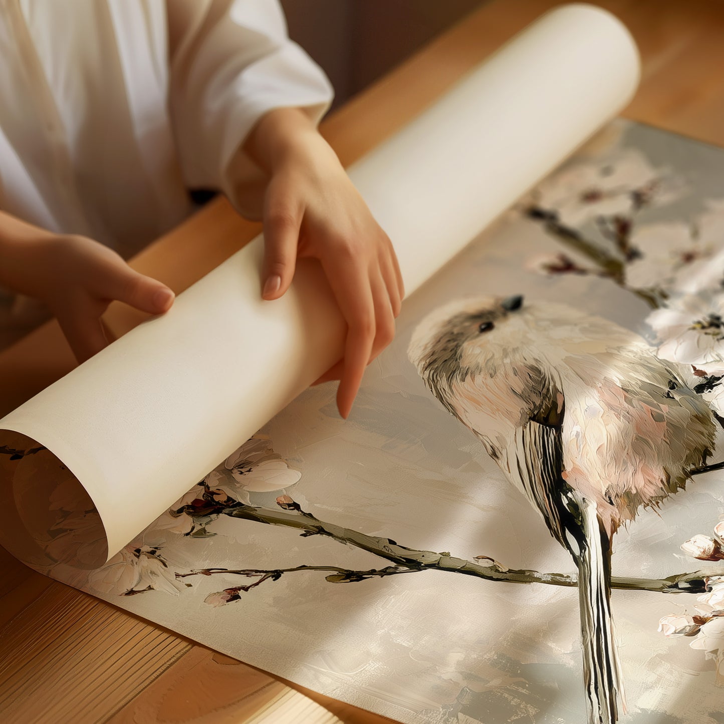 Long-Tailed Tit in Cherry Blossoms — Grey Taupe Oil Painting