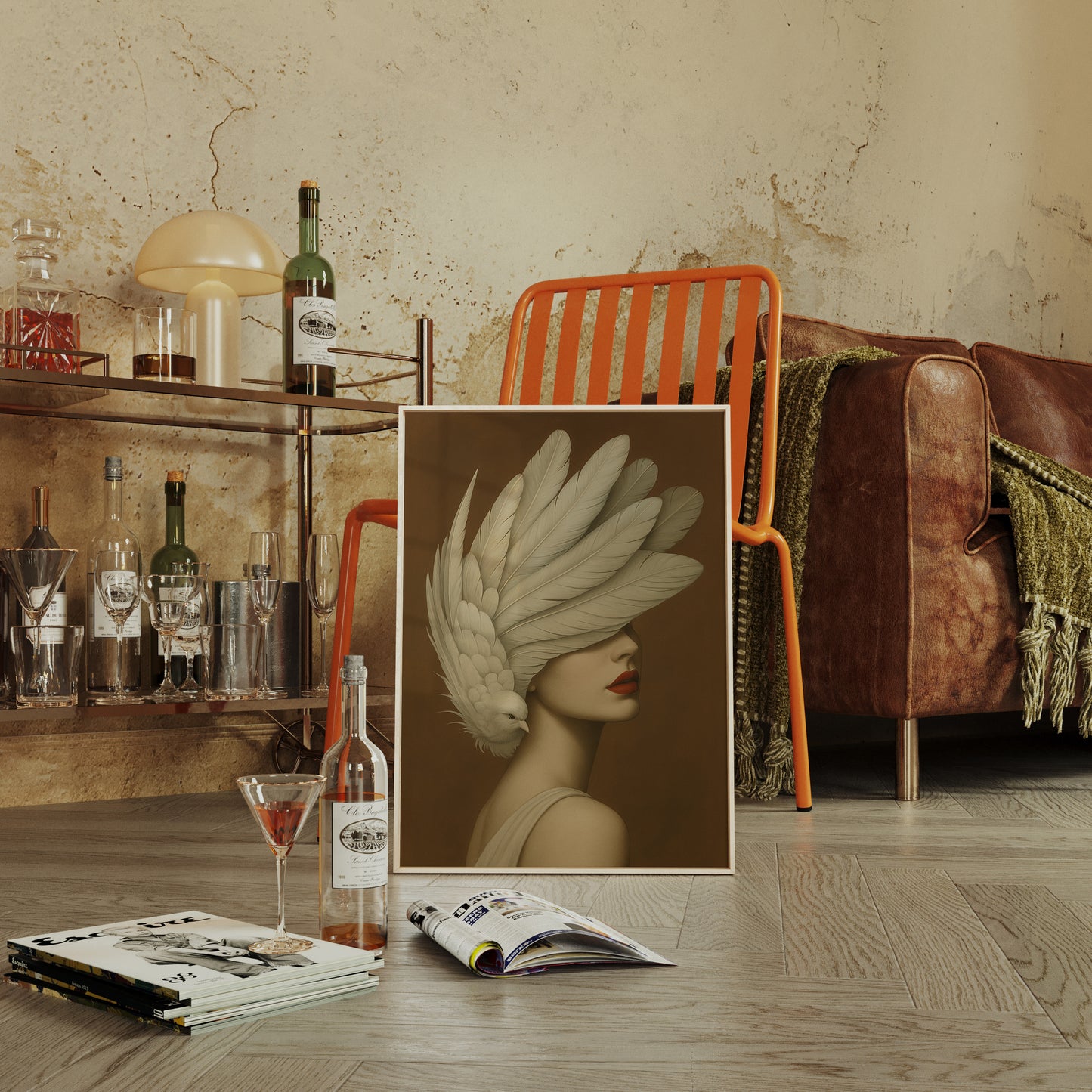 Winged Elegance in Ivory and Crimson