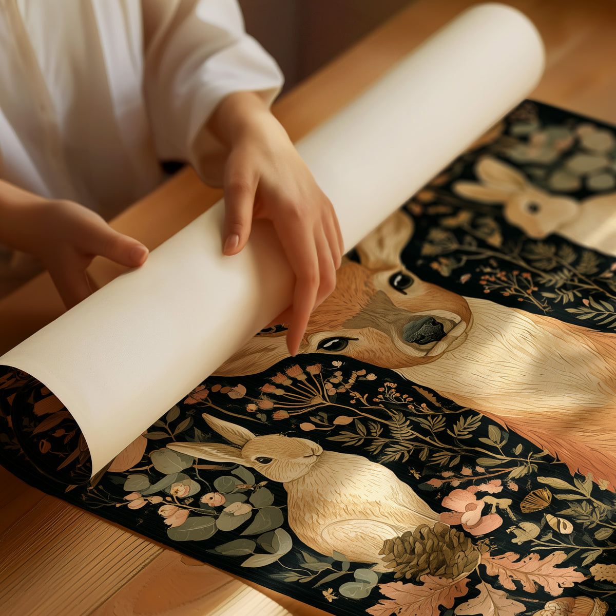 Woodland Tapestry — Blush and Gold Forest Creatures