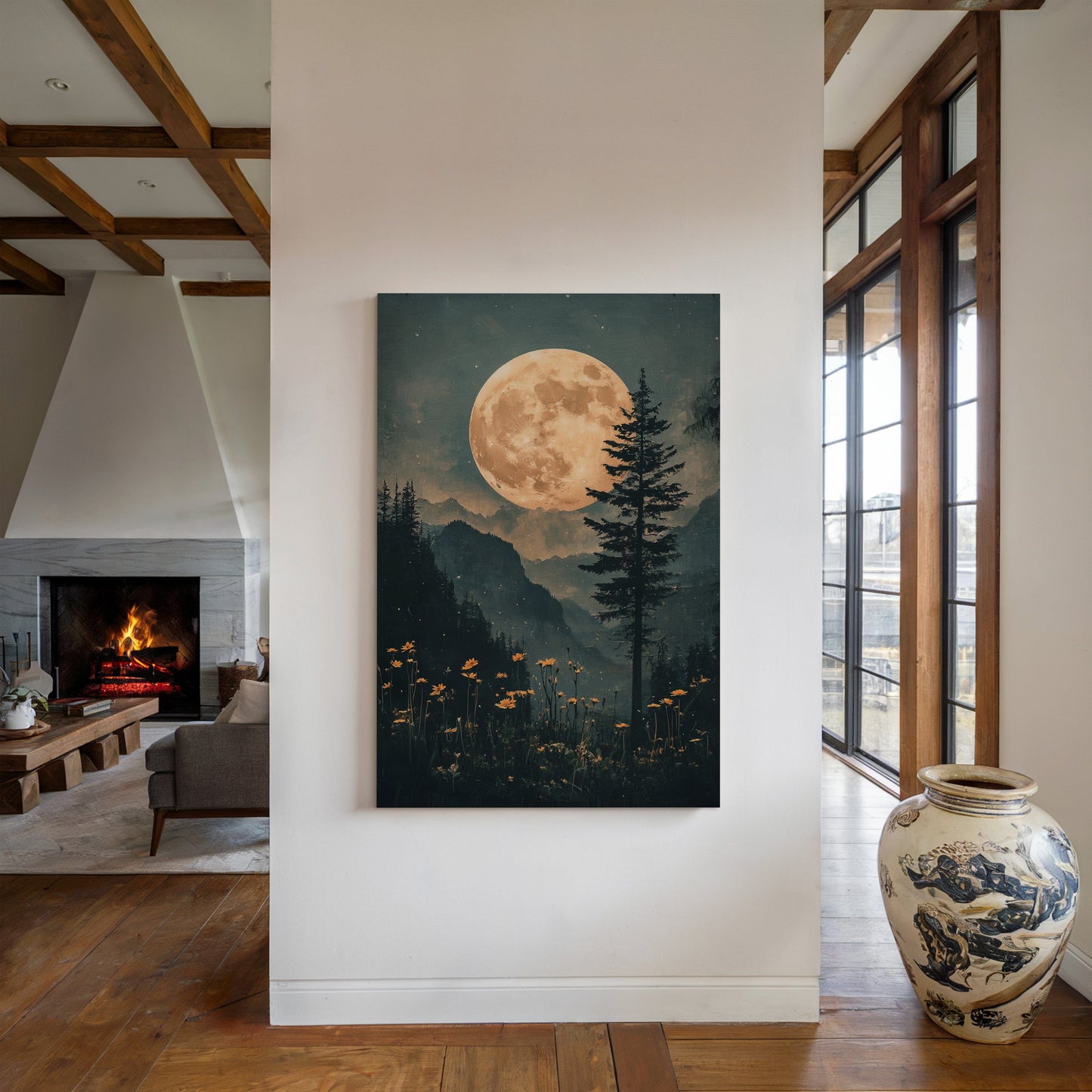 Harvest Moon Forest: Serene Mountain Landscape Canvas Wall Art