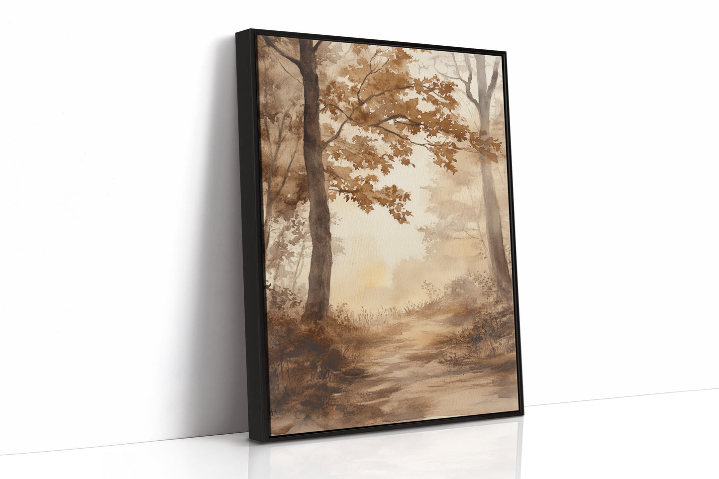 Serene Autumn Forest Pathway - Watercolor Landscape Art - Black Framed Canvas image 1