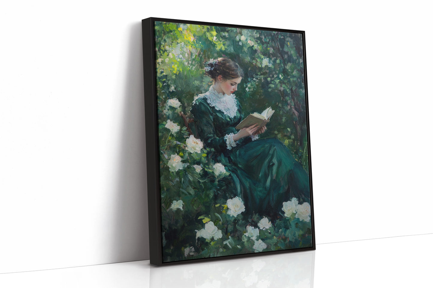 Victorian Lady Reading Portrait - Romantic Garden Art - Black Framed Canvas image 1