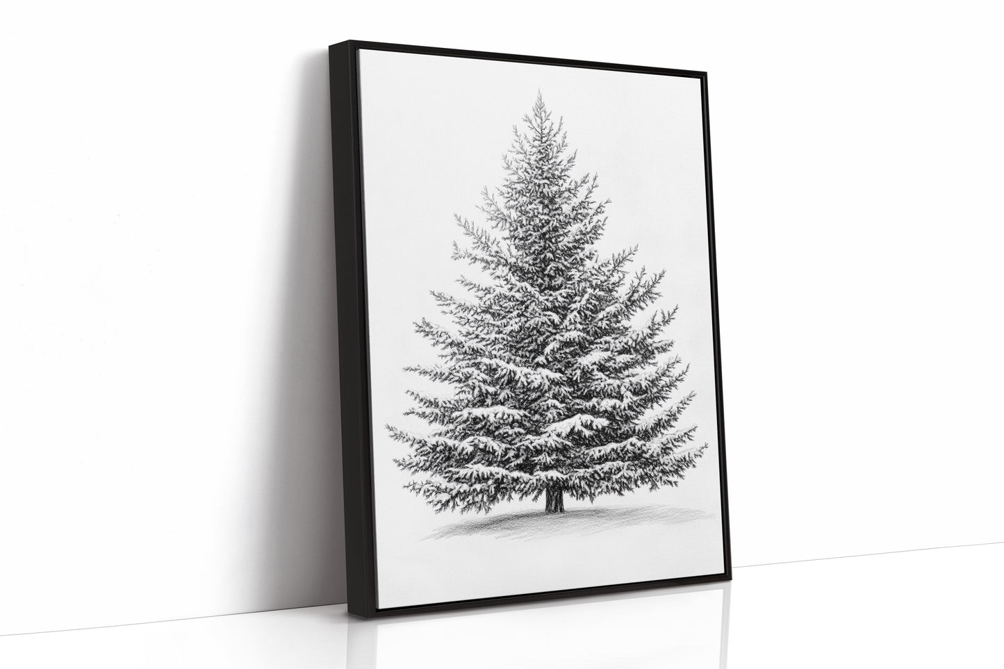 Snow-Covered Pine Tree Drawing - Winter Botanical Art - Black Framed Canvas image 1