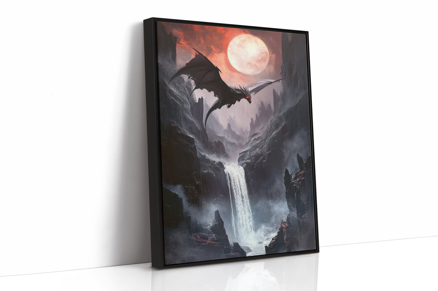 Dragon Over Moonlit Canyon - Fantasy Wall Art - Black Framed Canvas image 1