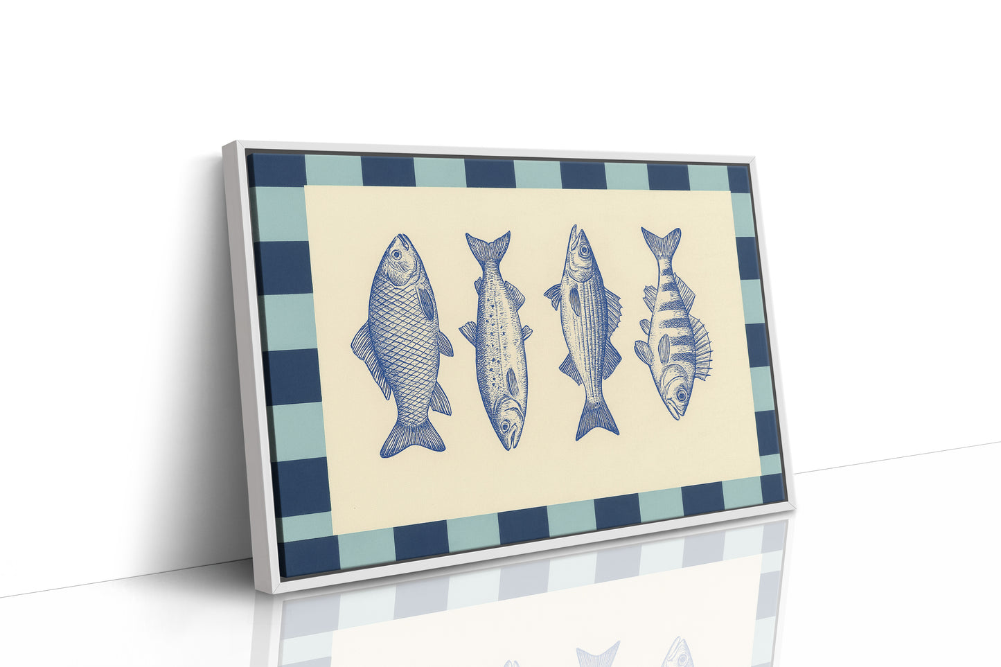 Vintage Fish Quartet on Checkerboard Blue