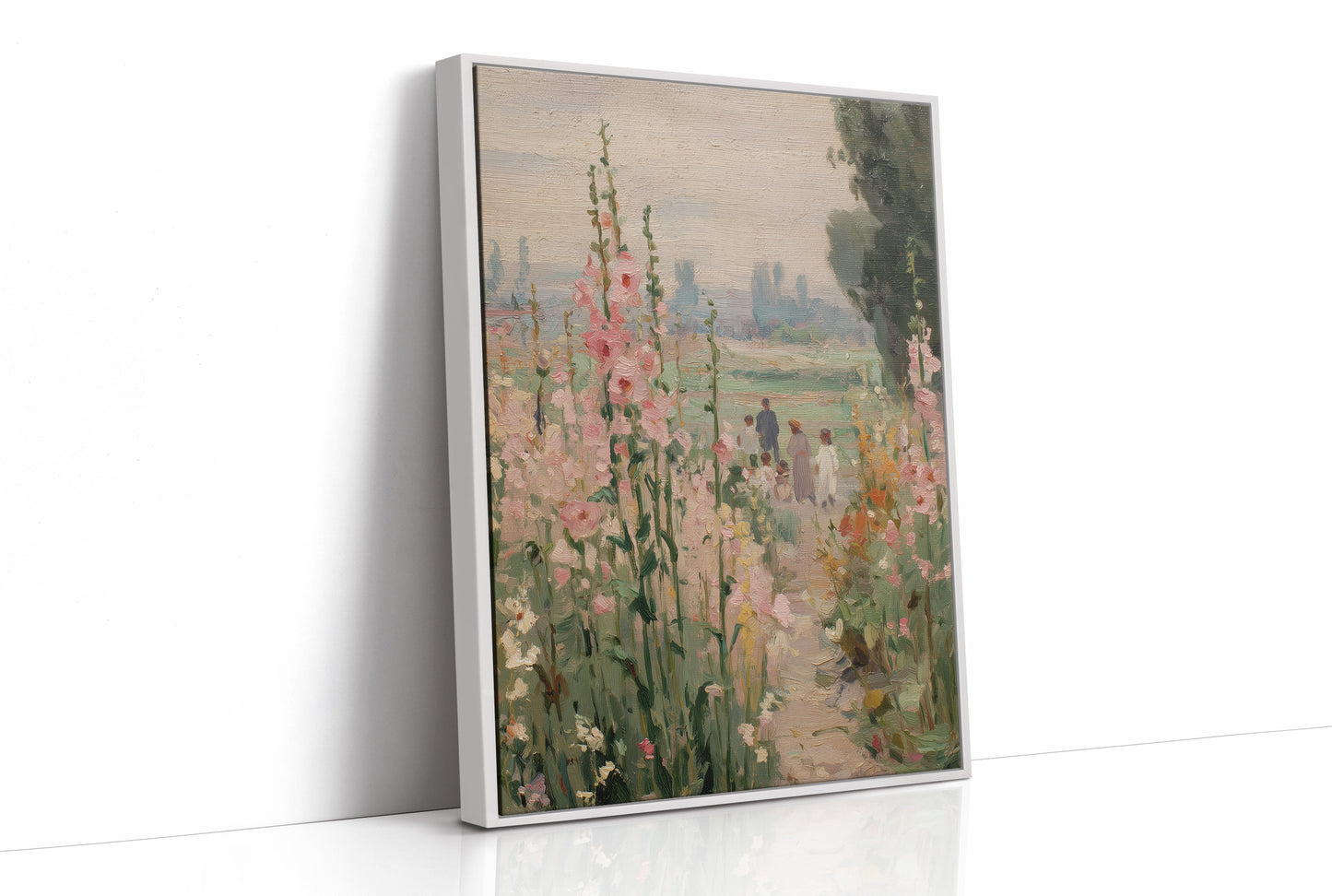 Hollyhock Promenade Through Summer Haze