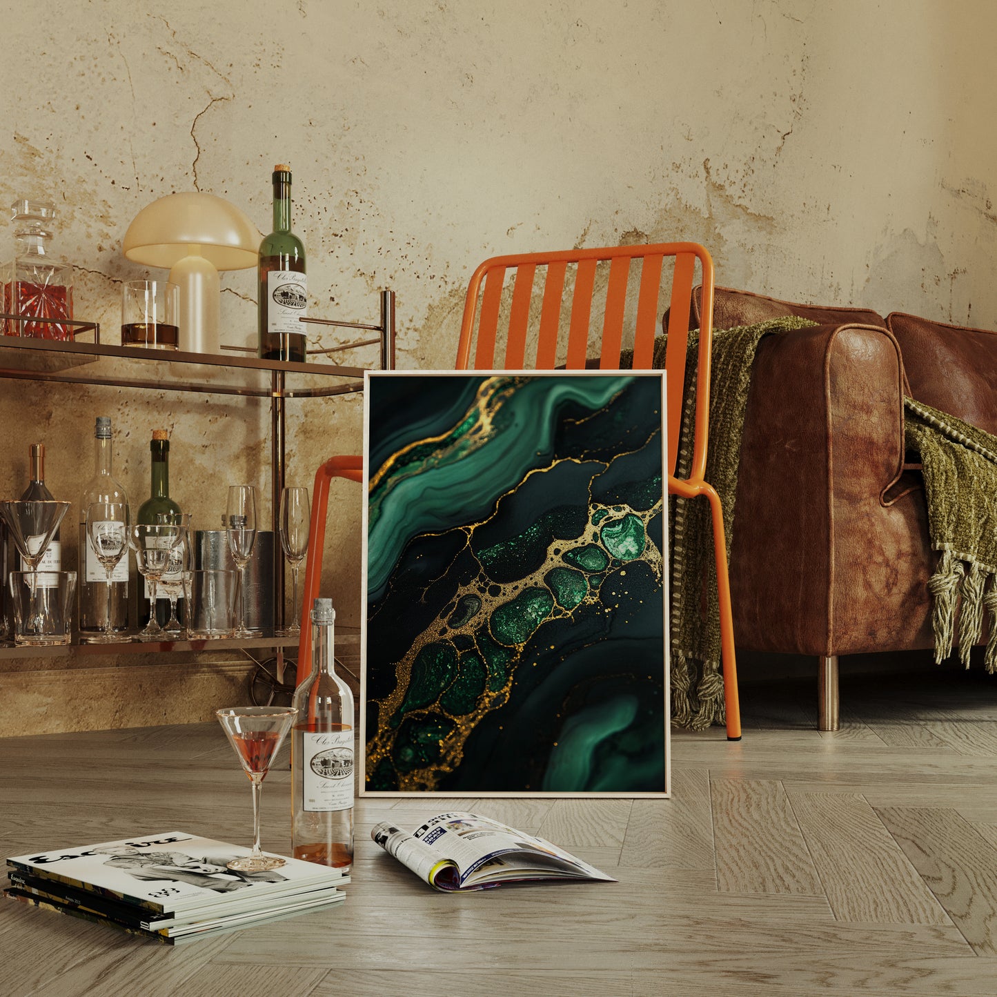 Gilded Cells in Deep Emerald Flow