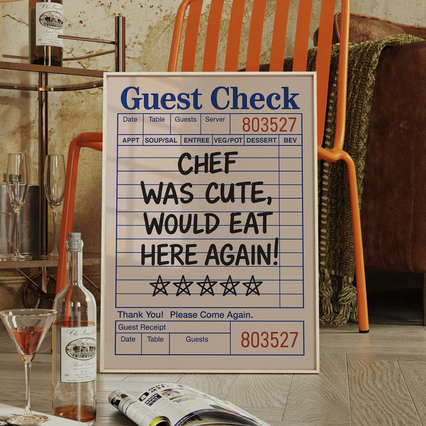 Funny Guest Check Wall Art – “Chef Was Cute” Diner Poster