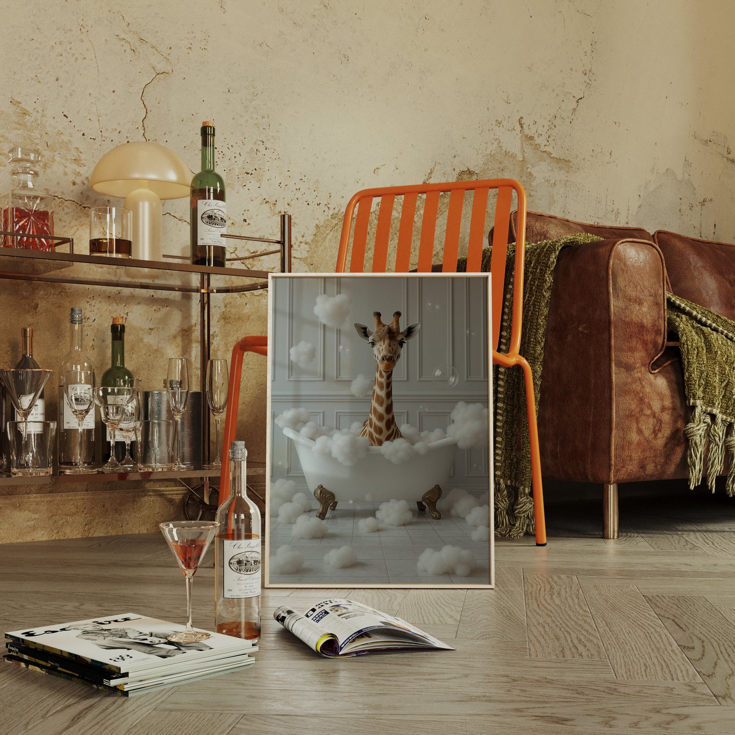 Giraffe in a Bathtub of Bubbles