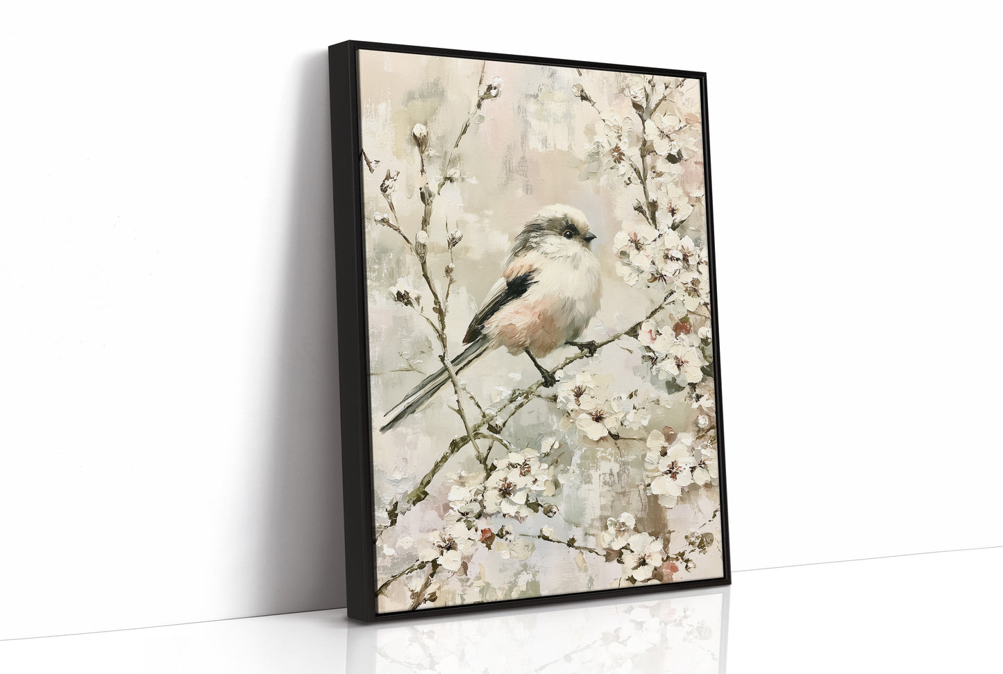 Long-Tailed Tit in Cherry Blossoms — Impasto Bird Painting